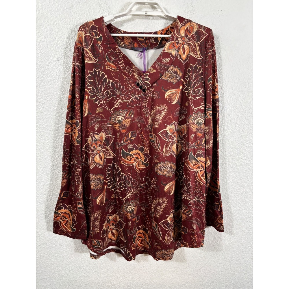 Azalea by Firmiana Top Womens‎ 3X Burgundy New Floral V-Neck Long Sleeve Tunic